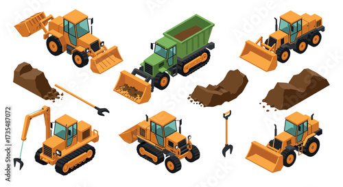 Isometric construction vehicles and equipment collection on white background