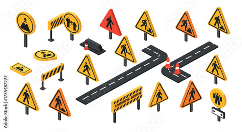 Isometric traffic signs and road elements for urban safety