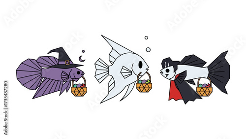 Spooky Aquarium Adventure: A trio of creatively adorned fish, each embracing the Halloween spirit, embark on a whimsical trick-or-treat adventure.
