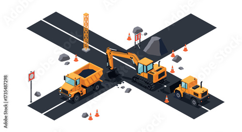 Isometric construction scene with heavy machinery and roadwork elements