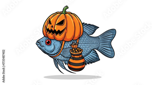 Whimsical Halloween Fish: A creative illustration of a fish adorned with a jack-o'-lantern, embracing the playful spirit of the spooky holiday season, carrying a treats bag.