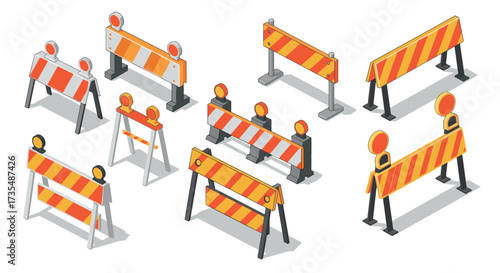 Isometric construction barrier set with orange and white stripes