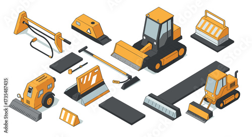 Construction equipment set with bulldozers and loaders in isometric design