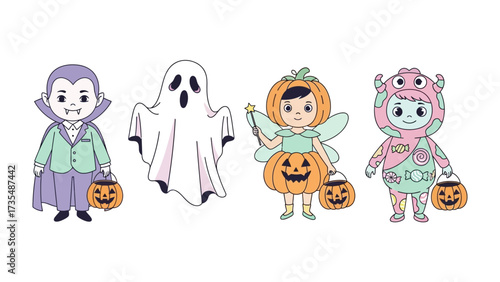 Spooky Costumes of Alluring Characters: A collection of charming illustrations, embodying the spirit of Halloween and inviting smiles with adorable portrayals of diverse characters.