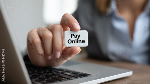 Business professional holding white button labeled 