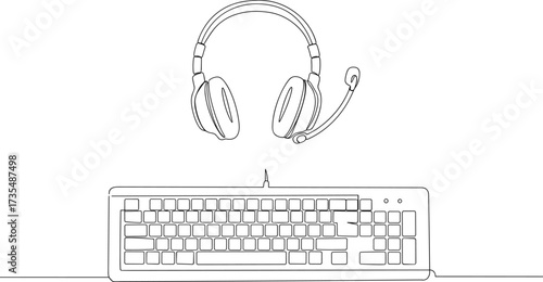 Keyboard with headset and microphone illustration, online communication, gaming setup, customer service, digital workspace, technology support, remote work concept