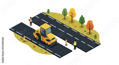 Road construction scene with asphalt roller in autumn isometric style