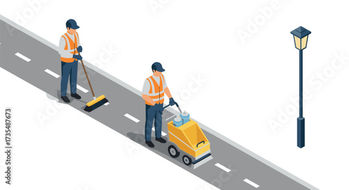 Isometric city maintenance workers cleaning street with equipment