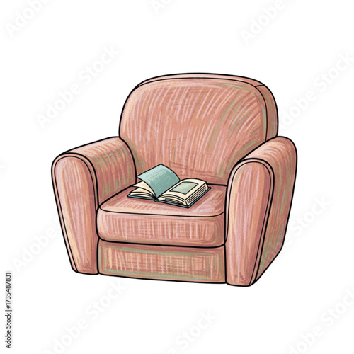 Cozy armchair with open book sits in a bright room, inviting relaxation and a quiet moment of reading, creating a peaceful and comfortable atmosphere.