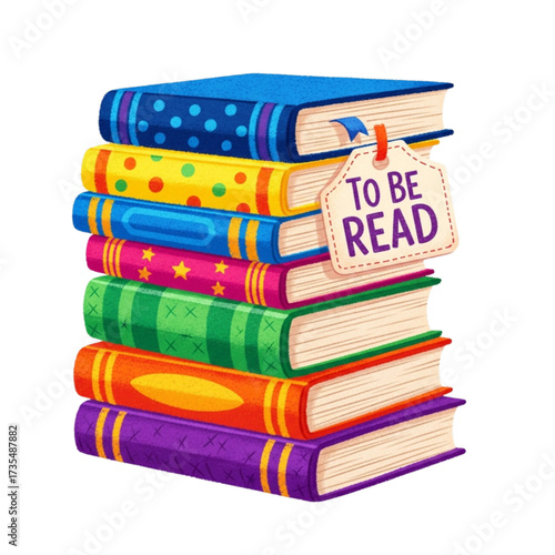 Stack of colorful books sitting neatly with a 'To Be Read' tag attached, suggesting a love for reading and the anticipation of literary adventures in a cozy setting.