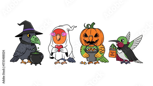 Halloween's Feathered Friends: A delightful collection of four animated birds dressed up in festive Halloween costumes, brimming with whimsical charm and Halloween cheer.