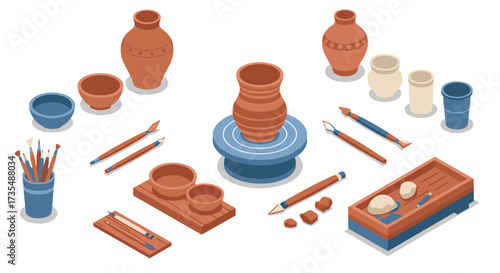Potter's wheel and craft tools in isometric clay art studio