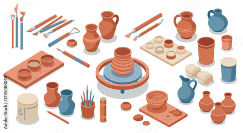 Isometric pottery workshop with tools and clay models in earthy tones