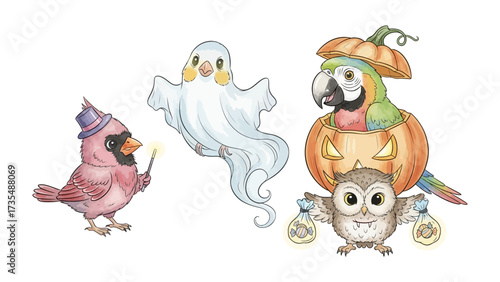 Whimsical Halloween Friends: Adorable animated animals engage in Halloween festivities. A whimsical portrayal, brimming with charming characters celebrating the spirit of All Hallows' Eve. 