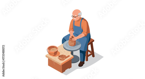 Isometric potter crafting clay on wheel in workshop setting