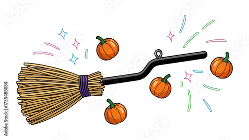 Halloween Broom and Pumpkin: A whimsical illustration of a broomstick sweeping up pumpkins in a festive scene. perfect for Halloween theme.