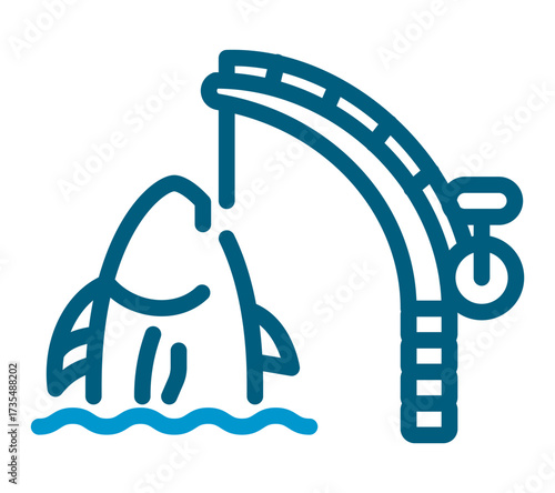 Fishing rod with fish line icon vector design symbolizing activity and seafood catch.