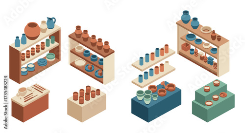 Isometric pottery display showcasing ceramic vases, plates, and bowls on wooden shelves