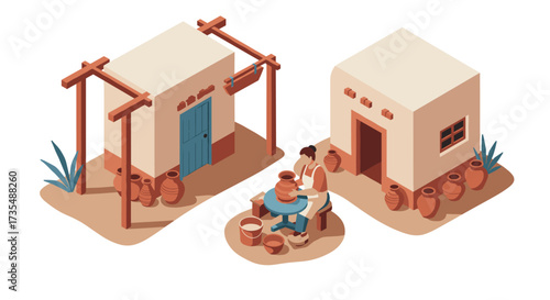 Isometric pottery workshop scene with adobe buildings and artisan