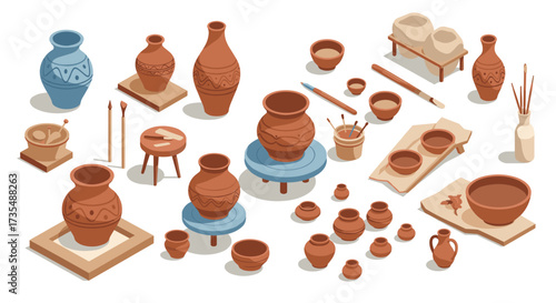 Isometric pottery workshop elements traditional ceramic tools and clay vases in earth tones