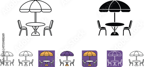 Outdoor cafe umbrella table and chairs icon set, summer patio furniture, restaurant terrace seating, holiday vacation relaxation vector illustration design