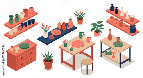 Isometric pottery studio with colorful ceramics and plants on shelves in modern style