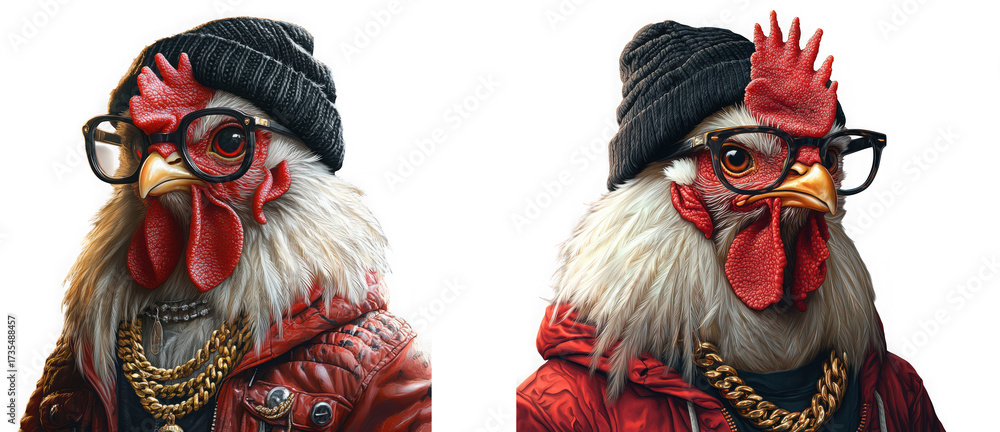 Obraz premium Two anthropomorphic chickens dressed in fashionable urban clothing and accessories isolated on transparent background