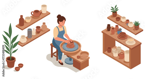 Potter crafting clay on a wheel with shelves of ceramics in a cozy workshop setting