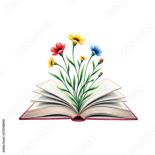 Colorful flowers bloom from the pages of an open book, symbolizing knowledge and growth in a whimsical and enchanting way.