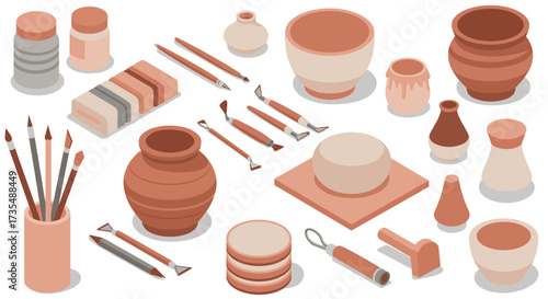 Isometric pottery tools and clay art supplies in earth tones