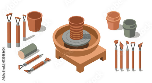 Ceramic pottery tools and wheel set in isometric design