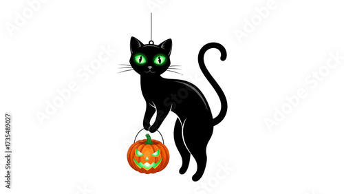 Spooky Feline: A sleek black cat, its bright eyes gleaming with an enigmatic glow, dangles a carved pumpkin lantern for the spooky holiday season.