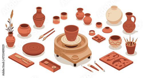 Flat design pottery workshop with various clay tools and finished vases