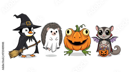 Whimsical Halloween Friends: A charming illustration depicts a cheerful gathering of Halloween-themed characters, each adorned in festive attire, creating a sense of fun and celebration.