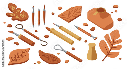 Artisan pottery tools and clay leaves in isometric style for craft enthusiasts