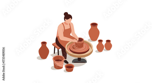Isometric pottery making scene with artisan shaping clay vases at wheel