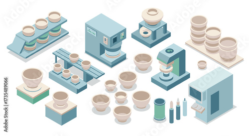 Ceramic manufacturing process isometric design featuring pottery machinery and tools