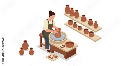 Potter at work creating ceramic pots on pottery wheel in an isometric art studio setting