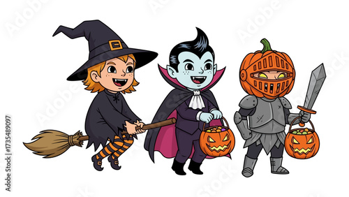 Halloween Costume Parade: A playful illustration of children, each dressed in a distinctive and exciting Halloween costume, ready for trick-or-treating and creating an atmosphere of spooky fun.