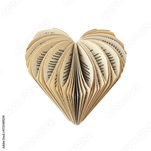 Heart made of book pages resting on white surface symbolizes love for reading and literature, creating a romantic and intellectual atmosphere.