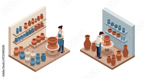 Isometric ceramic workshop with potters crafting and displaying clay pots and vases