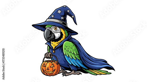 Parrot's Halloween: A delightful macaw is costumed in a wizard's hat and cloak, carrying a carved pumpkin bucket against a minimalist backdrop. Embrace the joy and festivity of All Hallows' Eve!