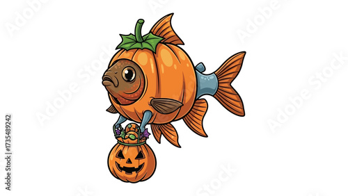 Spooky Fish with Pumpkin: A quirky illustration of a fish dressed as a pumpkin. carrying a small jack-o'-lantern, evokes the Halloween spirit. 