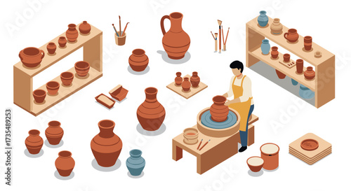 Isometric pottery workshop scene with ceramic vases and artisan at wheel