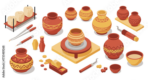 Traditional ceramic pottery and tools in isometric style with decorative patterns