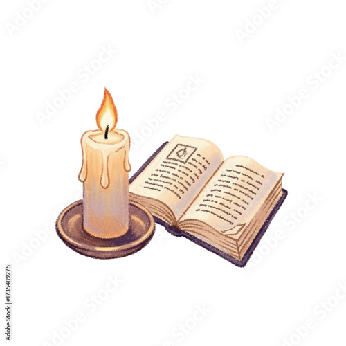 Glowing candle illuminates an open spellbook on a wooden table, creating a mystical and enchanting atmosphere for magical studies.
