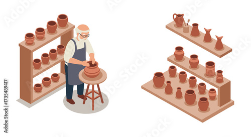Isometric pottery workshop with craftsman and shelves of clay vases