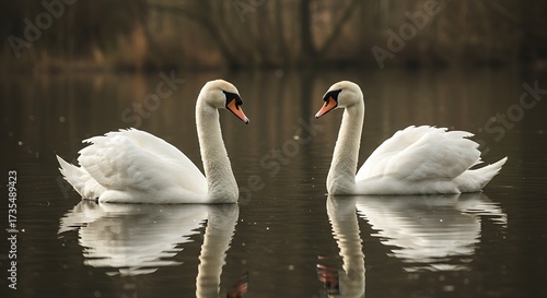 Fototapeta Naklejka Na Ścianę i Meble -  Two graceful white swans gliding on calm water with reflections in nature
