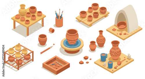 Isometric pottery workshop scene with clay vases and craft tools