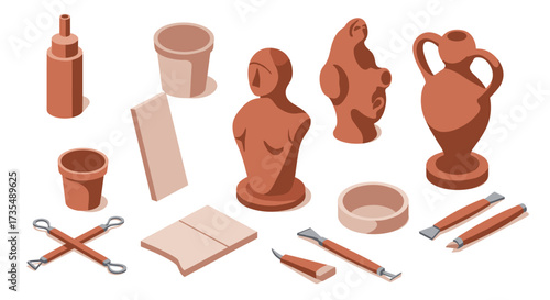 Isometric clay sculpting tools and vases collection for creative art projects